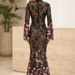 3D Floral Appliqué Lace Mermaid Evening Gown with Bell Sleeves