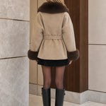 Women's Plush Faux Fur Trim Belted Short Wrap Coat
