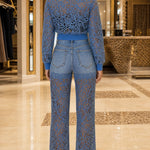 Floral Lace Cropped Bomber Jacket and Denim Patchwork Pants Set