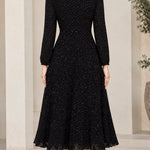 Women's Micro Dot Print Long Sleeve Midi Dress Elegant A-Line Pleated Hem Dress