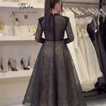 Long Sleeve Beaded Mock Neck Lace A-Line Tea-Length Evening Dress