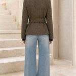 Women's Herringbone Belted Utility Blazer Jacket with Flap Pockets