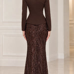 Sequined Peplum Long Sleeve Formal Evening Gown