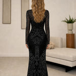 High Neck Sequin Embellished Long Sleeve Formal Maxi Evening Gown
