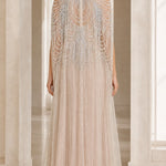 High Neck Beaded Cape Evening Gown Elegant Embellished Formal Maxi Dress