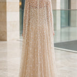 Sequined Beaded High-Neck Cape Evening Gown