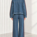 Women's Side Stripe Denim Jacket and Wide Leg Pants Two-Piece Set