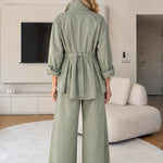Women's Relaxed Button-Down Shirt and Wide-Leg Trousers Two-Piece Set