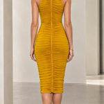 High Neck Metallic Collar Ruched Sleeveless Midi Dress