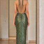 High Neck Pleated Shimmer Backless Maxi Evening Dress
