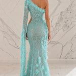 One-Shoulder 3D Floral Applique Cutout Maxi Evening Dress