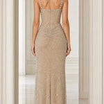 Rhinestone Embellished Ruched Waist Evening Gown with Crystal Neckline