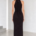 High Neck Sleeveless Glitter Textured Maxi Dress with Waist Ornament