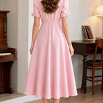 Elegant Short Sleeve Woven A-Line Midi Dress with Puff Sleeves