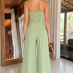 Strapless Button-Front Top and Pleated Wide-Leg Pants Two-Piece Set