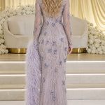 Embellished Long Sleeve Evening Gown with Feather Accents