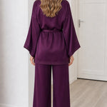 Women's Embroidered Satin Kaftan Top and Wide-Leg Pants Two-Piece Set
