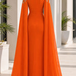 Elegant Evening Dress with Attached Cape & Gold Embroidery