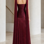 Strapless Ruched Metallic Pleated Maxi Dress with Scarf Cape Detail