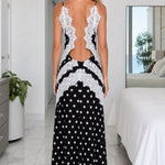 Polka Dot Lace Trim V-Neck Backless Maxi Dress