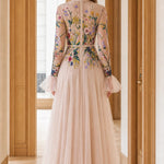 Floral Embroidered High-Neck Tulle Maxi Dress with Tiered Bell Sleeves
