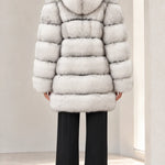 Women's Hooded Belted Faux Fur Coat with Tiered Plush Panels