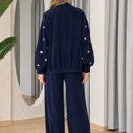 Women's Pearl Embellished Zip Bomber Jacket and Wide-Leg Pants 2-Piece Set