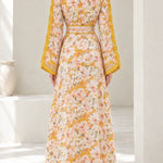 Floral Embroidered Moroccan Kaftan Maxi Dress with Belt