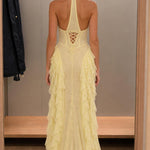 Elegance Halter Neck Beaded Ruffle Maxi Dress