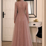 High Neck Beaded Long Sleeve Evening Gown with Tulle Overskirt