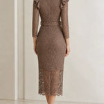 Elegant Floral Lace Belted Midi Dress with Ruffle Shoulders
