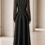 Elegant Beaded Long Sleeve V-Neck Evening Gown with Front Slit