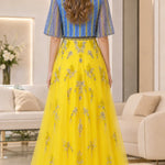 Floral Embroidered Beaded Flutter Sleeve Tulle A-Line Evening Gown