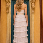 Elegance Tiered Beaded Strapless Maxi Dress