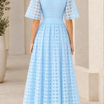 Mock Neck Sheer Grid Overlay Maxi Dress with Flutter Half Sleeves