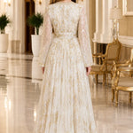 Metallic Floral Embroidered Long Sleeve Kaftan Maxi Dress with Belt