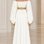 Embellished Off-Shoulder Halter Neck Satin Maxi Dress with Bell Sleeves