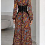 Paisley Print Lace Corset Waist Maxi Dress with Long Sleeves