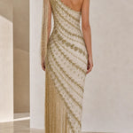 One-Shoulder Beaded Fringe Evening Gown