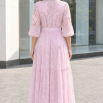 Floral Lace Button-Down Shirt Midi Dress with Ornate Buckle Belt