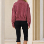 Women's Casual Full-Zip Suede-Look Stand Collar Bomber Jacket