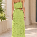 One-Shoulder Cutout Tiered Ruffle Maxi Dress with Braided Rope Trim