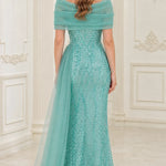 Off-the-Shoulder Sequin Evening Gown with Draped Bodice and Side Tulle Train