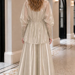 Embroidered Metallic Sheer Overcoat and Wide-Leg Pants Set