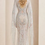 Beaded Cape Sleeve Mermaid Evening Gown with Fringe Tassels