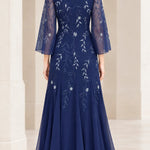 Sequined Botanical Sheer Sleeve Chiffon Maxi Evening Gown