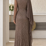 Elegant Beaded Chiffon Evening Gown with Draped Cape Sleeve