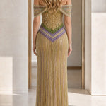 Off-Shoulder Beaded Fringe Long Evening Gown