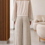 Women's Textured Mesh Panel Zip Jacket and Wide Leg Pants Two-Piece Set