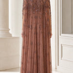 Elegant Beaded Mesh Cape Maxi Dress